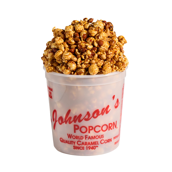 Johnson's Popcorn 10 oz. small tub of Peanut Crunch caramel popcorn with peanuts